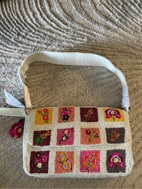 New Viral Floral Tile Patchwork Beaded Shoulder Bag w/ Charm FIRM PRICE!